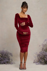 New Life | Berry Velvet Maternity Square Neck Ruched Midi Dress