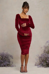 New Life | Berry Velvet Maternity Square Neck Ruched Midi Dress