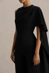 Sorenia | Black High-Neck Jumpsuit With One-Cape Sleeve