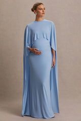 Padma | Powder Blue Draped Maternity Maxi Dress With Cape Sleeves
