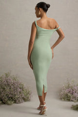 Salome | Light Green Twisted Asymmetric Maternity Midi Dress