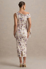 Katarine | Peach Floral Print Asymmetric Knot Maternity Midi Dress
