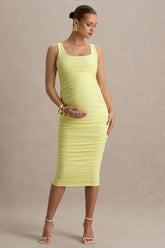 Lisbon | Lemon Maternity Square Neck Ruched Midi Dress