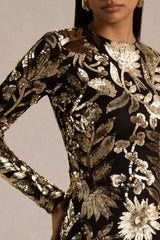 Lara | Black And Gold Sequin Print High-Neck Mini Dress With Feather Trim