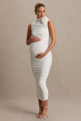 Shellie | White High-Neck Maternity Midi Dress With Corsage Detail