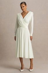 Alexis | Cream Plunge-Neck Midi Dress With Draped And Ruched Detailing