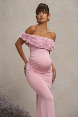 Inflorescence | Blush Pink Mesh Floral Bardot Maternity Maxi Dress