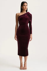 Vespera | Burgundy Velvet Asymmetric Neck Midi Dress With Bow Detail