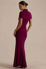 Azaria | Burgundy High-Neck Maxi Dress With Ruched Detailing
