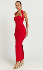 Salome Midi Dress Halter Neck Column Dress in Red
