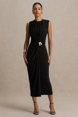Harlow | Black Crew-Neck Wrapped Midi Dress