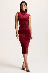 Nivina | Red Velvet High-Neck Midi Dress With Cap-Sleeves