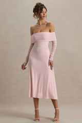 Flatter Me | Light Pink Bardot Midi Dress With Mesh Sleeves