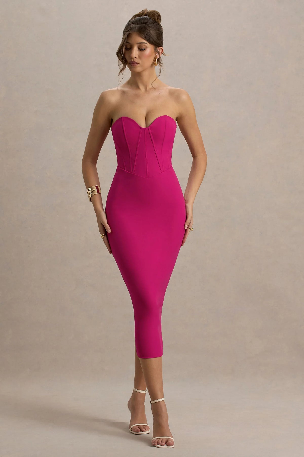 Nina | Dark Pink Structured Strapless Corset Midi Dress