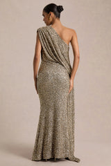 Liori | Champagne Sequin Asymmetric-Neck Maxi Dress With Sash