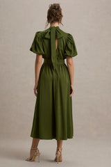 Persea | Olive Satin Puff-Sleeve Midi Dress With Bow
