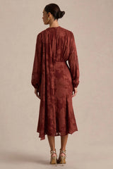 Sabina | Rust Devore Plunge-Neck Midi Dress
