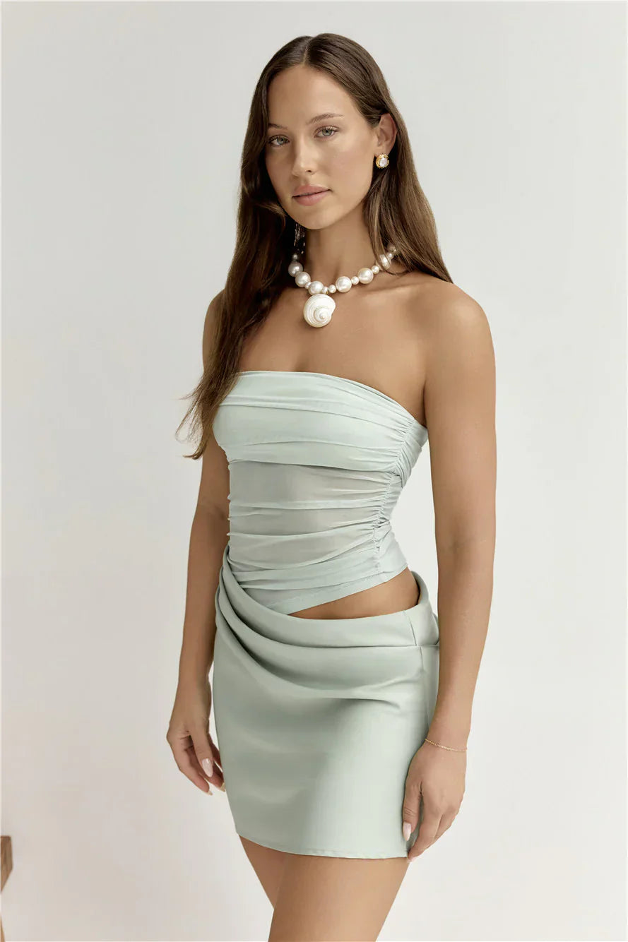 Call Me Darling Strapless Mesh Mini Dress Sage