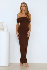 Soft Whispers Off Shoulder Maxi Dress Brown