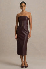 Zola | Burgundy Faux Leather Bandeau Midi Dress