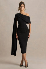 Leah | Black Asymmetric-Neck Midi Dress With Cape-Sleeve And Draped Detailing