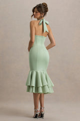 Arla | Light Green Halter Neck Ruffle Trim Midi Dress