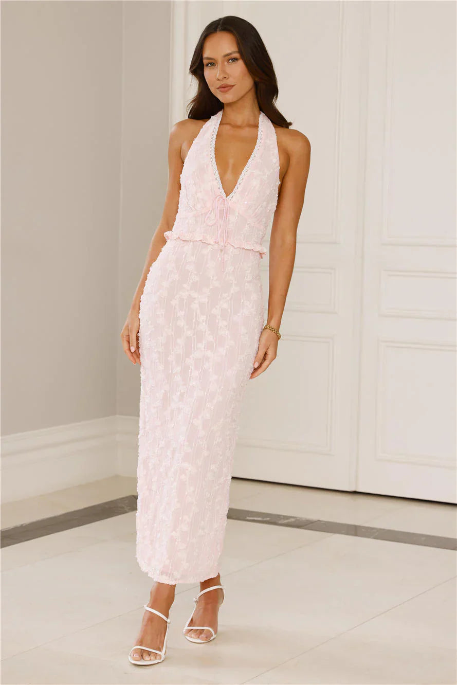 Manhattan Mornings Halter Maxi Dress Pink