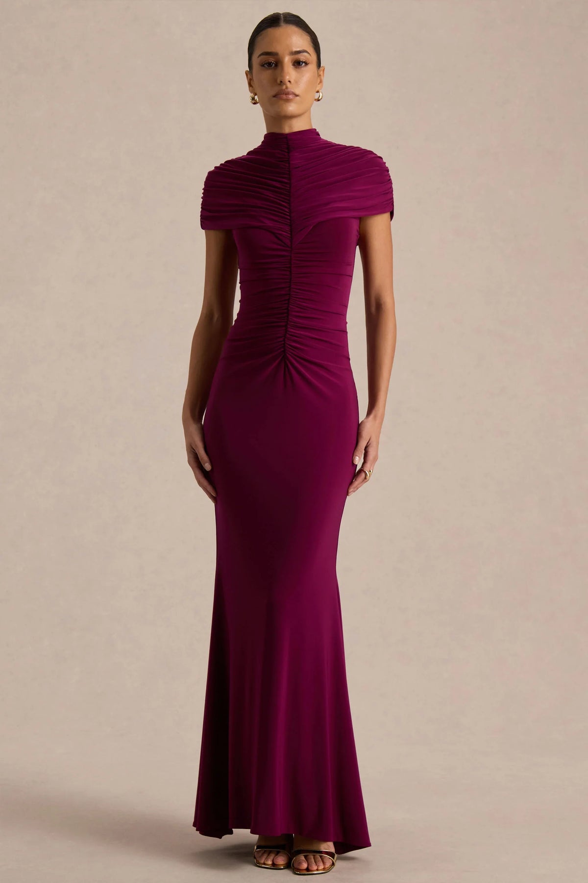 Azaria | Burgundy High-Neck Maxi Dress With Ruched Detailing