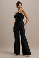 Opia | Black Bandeau Wide-Leg Jumpsuit With Large Floral Corsage