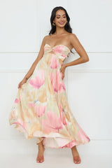 Sea Goddess Strapless Satin Maxi Dress Print