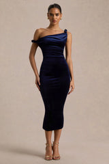 Carella | Navy Velvet Twisted Asymmetric Midi Dress