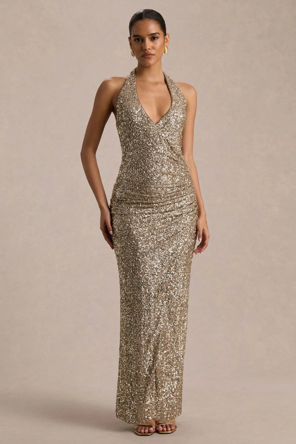 Gio | Champagne Sequin Plunge-Neck Wrap Maxi Dress With Ruched Detailing