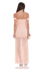 Mesh Off Shoulder Ruched Maxi Dress in Blush Pink