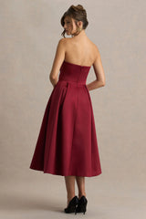 Promises | Burgundy Satin Sweetheart-Neck Midi Dress