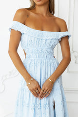 Secrets You Keep Off Shoulder Embroidered Maxi Dress Blue