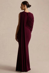Rubelle | Burgundy Asymmetric Neck Maxi Dress With Draped Detailing