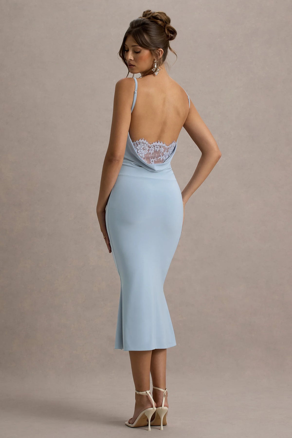 Addison | Powder Blue Cowl-Neck Open-Back Midi Dress With Lace