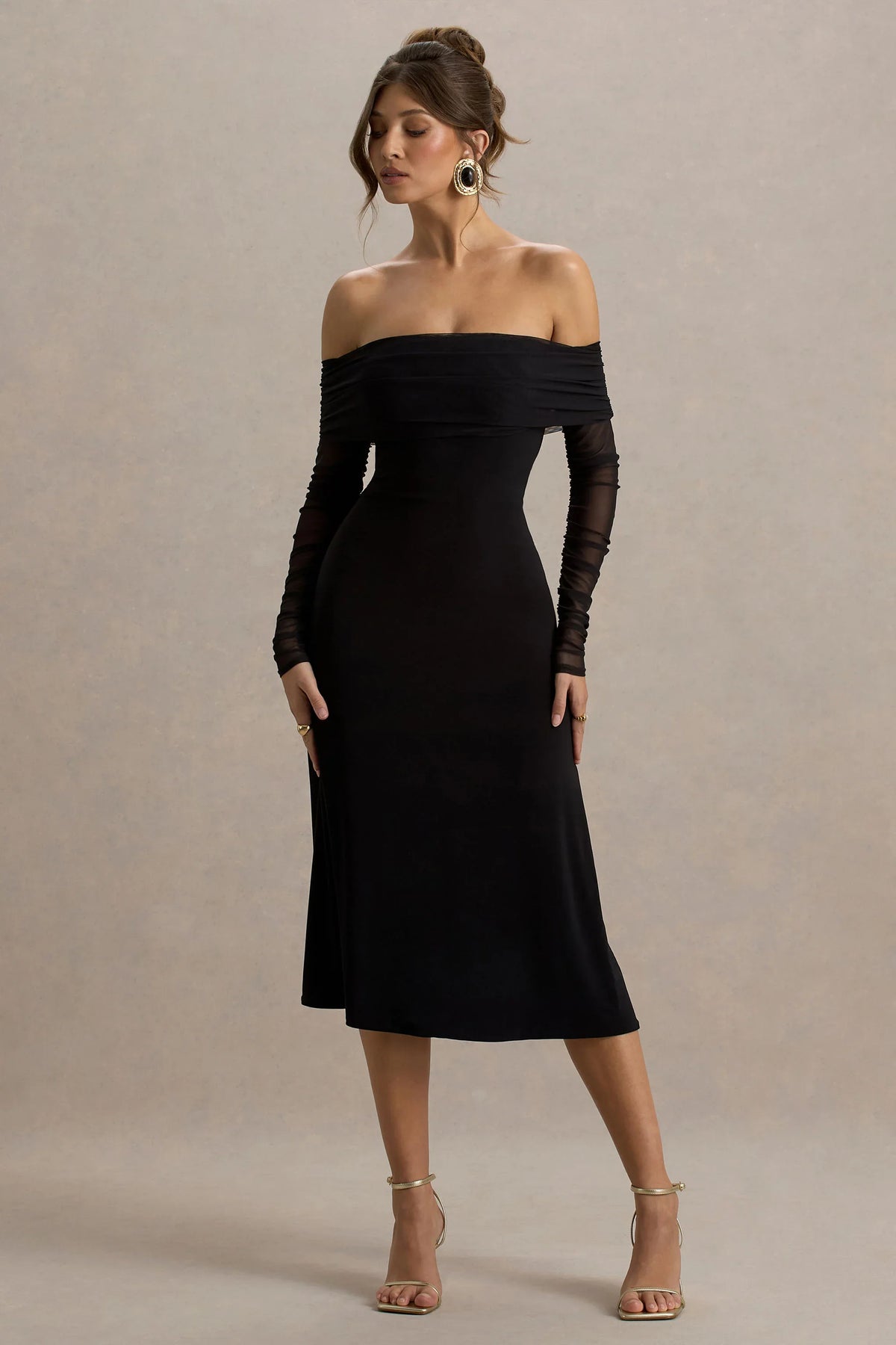 Flatter Me | Black Bardot Midi Dress With Mesh Sleeves