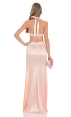 Satin Cutout Maxi Dress in Peach