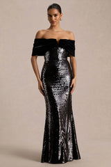 Bex | Black Sequin And Velvet Bardot-Neck Maxi Dress