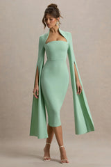 Linden | Light Green Bodycon Cape-Sleeve Midi Dress
