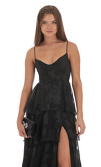 Floral Ruffle A-line Maxi Dress in Black