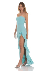 Strapless Back Bow Corset Maxi Dress in Aqua Blue