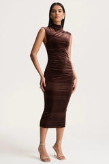 Novine | Brown Velvet High-Neck Midi Dress