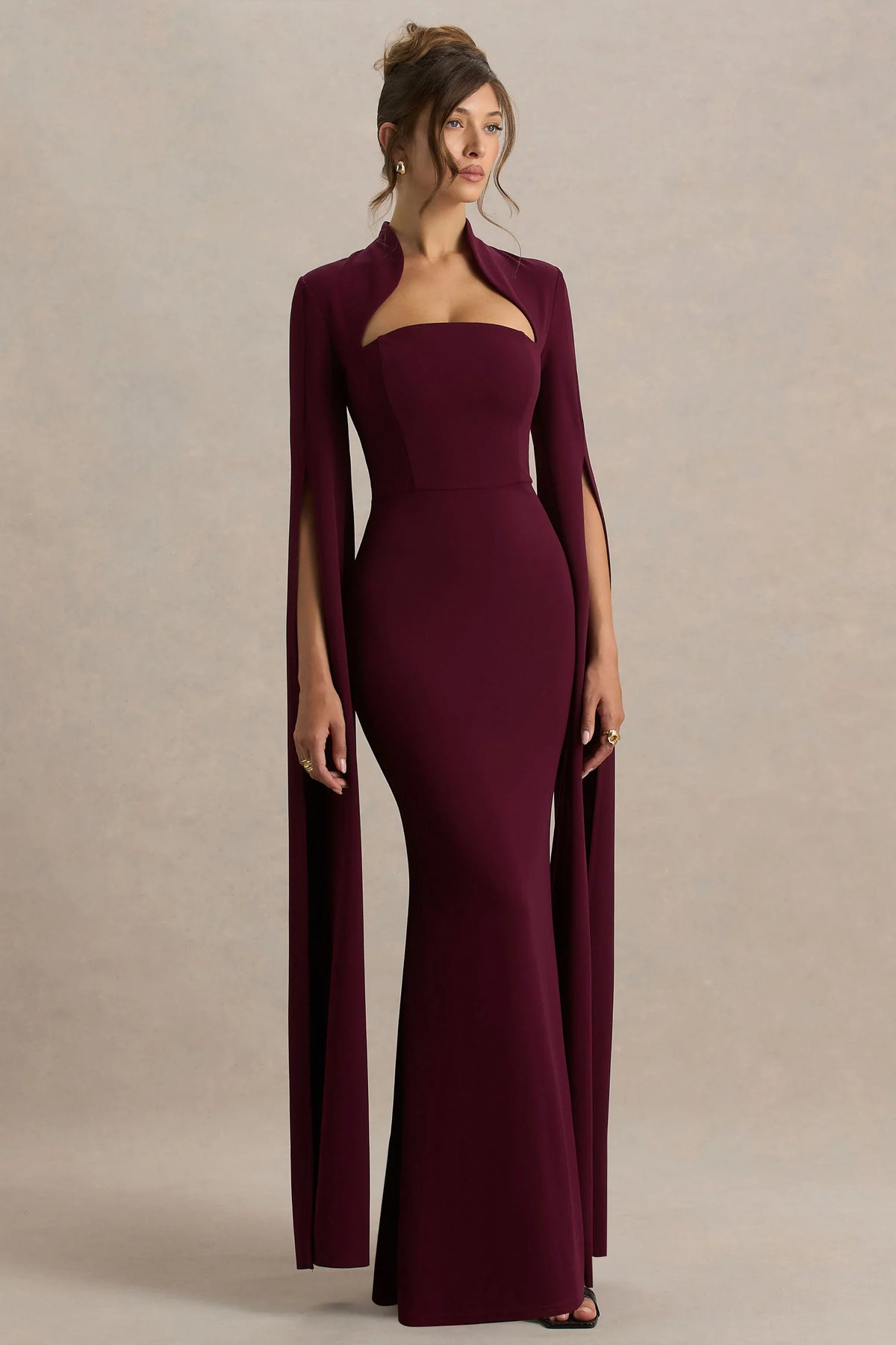 Esme | Burgundy Square-Neck Maxi Dress With Cape Sleeves