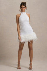 Lumi | White Sequin High-Neck Feather Trim Mini Dress