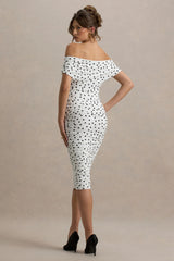 Rayleigh | Polka Dot Bardot Ruched Midi Dress