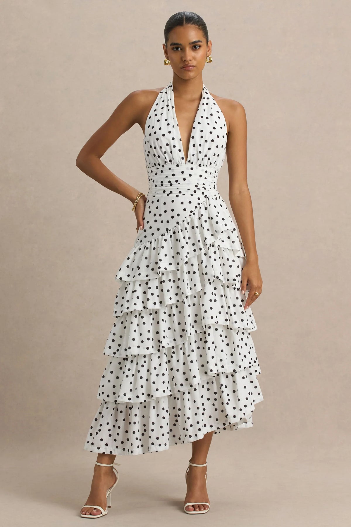 Violet | White Polka Dot Midi Dress With Halter-Neck and Ruffled Skirt