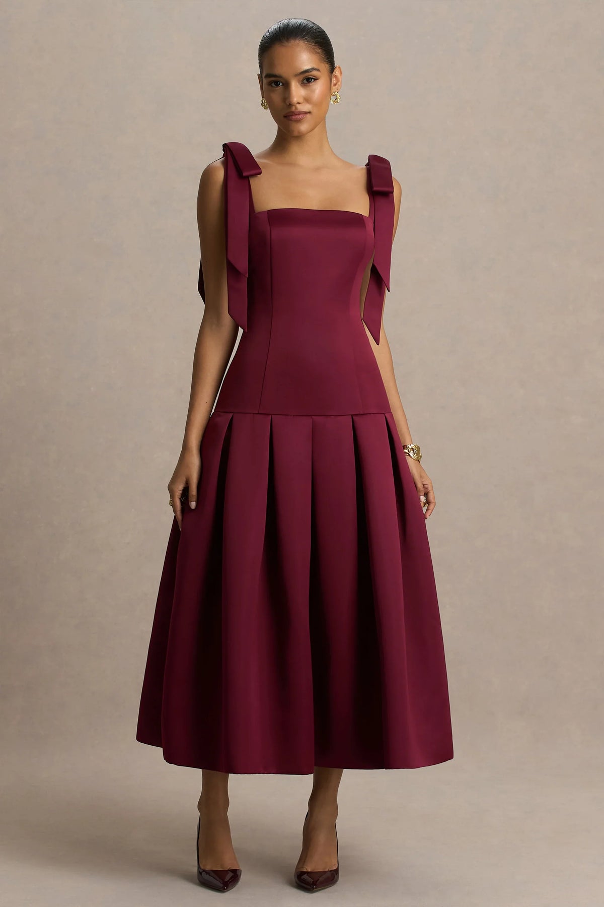 Alberta | Burgundy Satin Midi Dress With Bow Straps