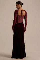 Finesse | Burgundy Lace And Velvet Square-Neck Maxi Dress With Draped Skirt